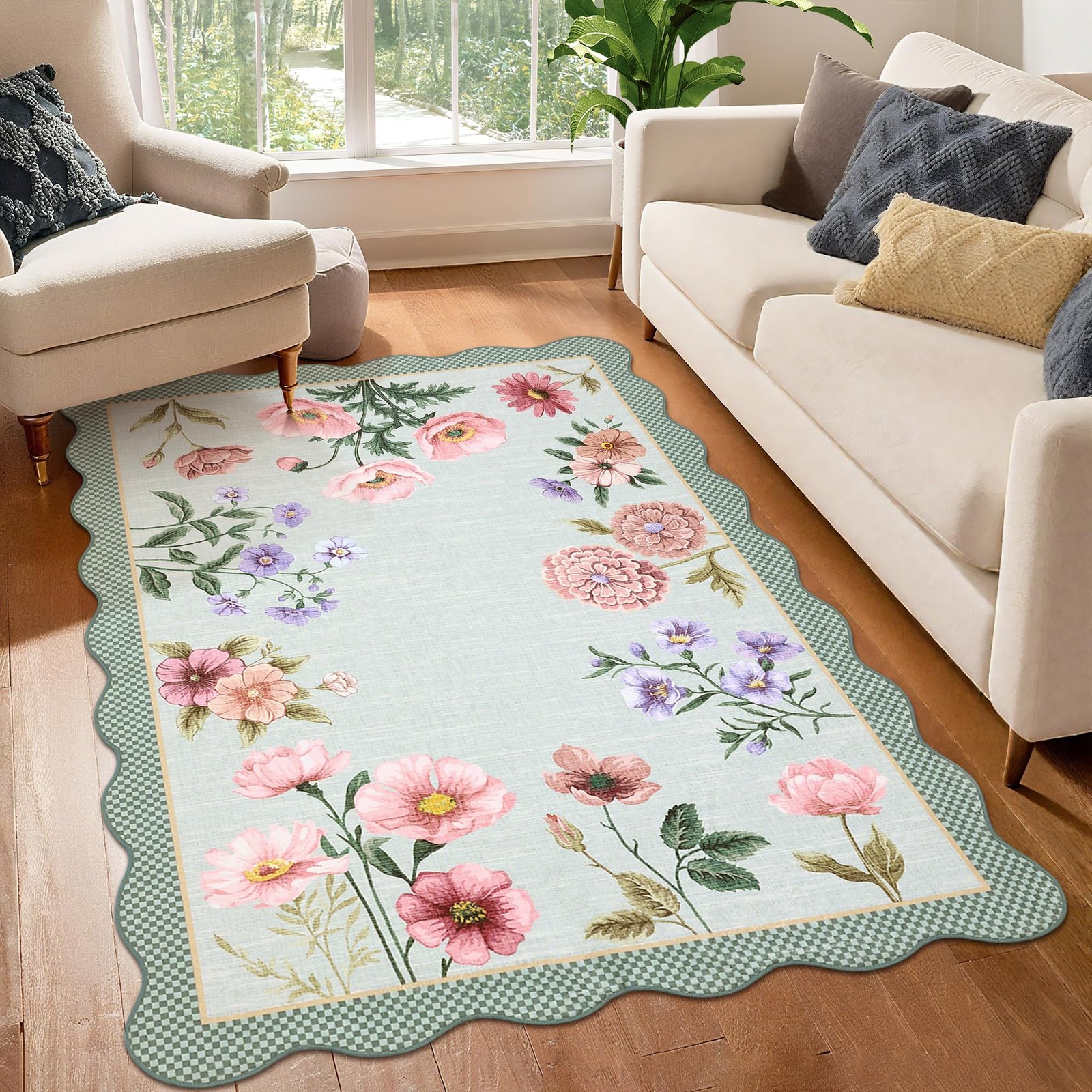 LocalStock Floral Scalloped Living Room Rug, 5x7 Area Rugs Ultra-Thin Soft Washable Rug, Non-Slip Rugs for Bedroom Stain Resistant Boho Low-Pile Throw Carpet for Dining Room Playroom Nursery, Green - Image 29