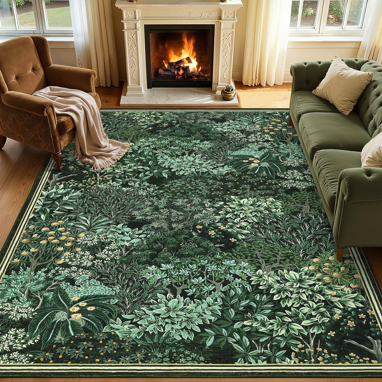 LocalStock Forest Rugs 5x7, Dark Green Washable Area Rugs for Living Room 5x7, Botanical Low Pile Non Slip Stain Resistance Woodland Rug for Farmhouse, Bedroom, Dining Room - Image 10