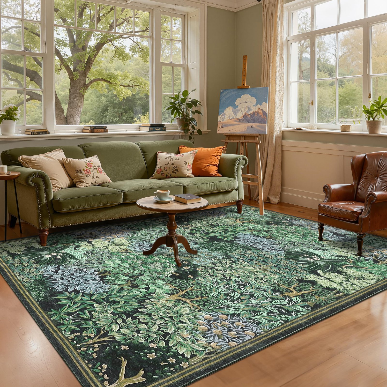 LocalStock Forest Rugs 5x7, Dark Green Washable Area Rugs for Living Room 5x7, Botanical Low Pile Non Slip Stain Resistance Woodland Rug for Farmhouse, Bedroom, Dining Room - Image 13