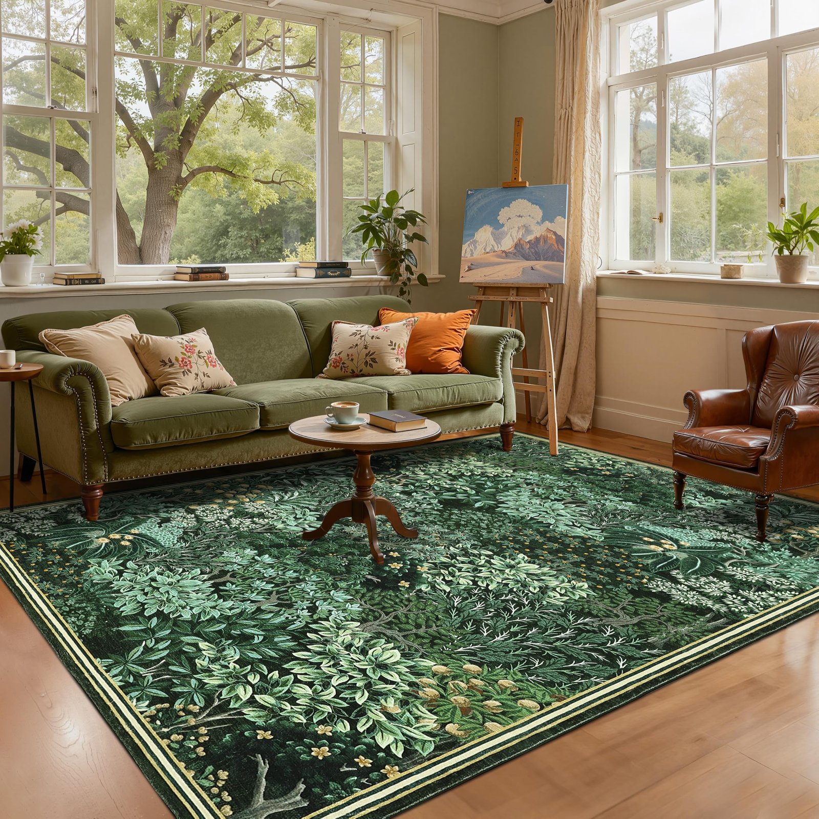 LocalStock Forest Rugs 5x7, Dark Green Washable Area Rugs for Living Room 5x7, Botanical Low Pile Non Slip Stain Resistance Woodland Rug for Farmhouse, Bedroom, Dining Room - Image 8