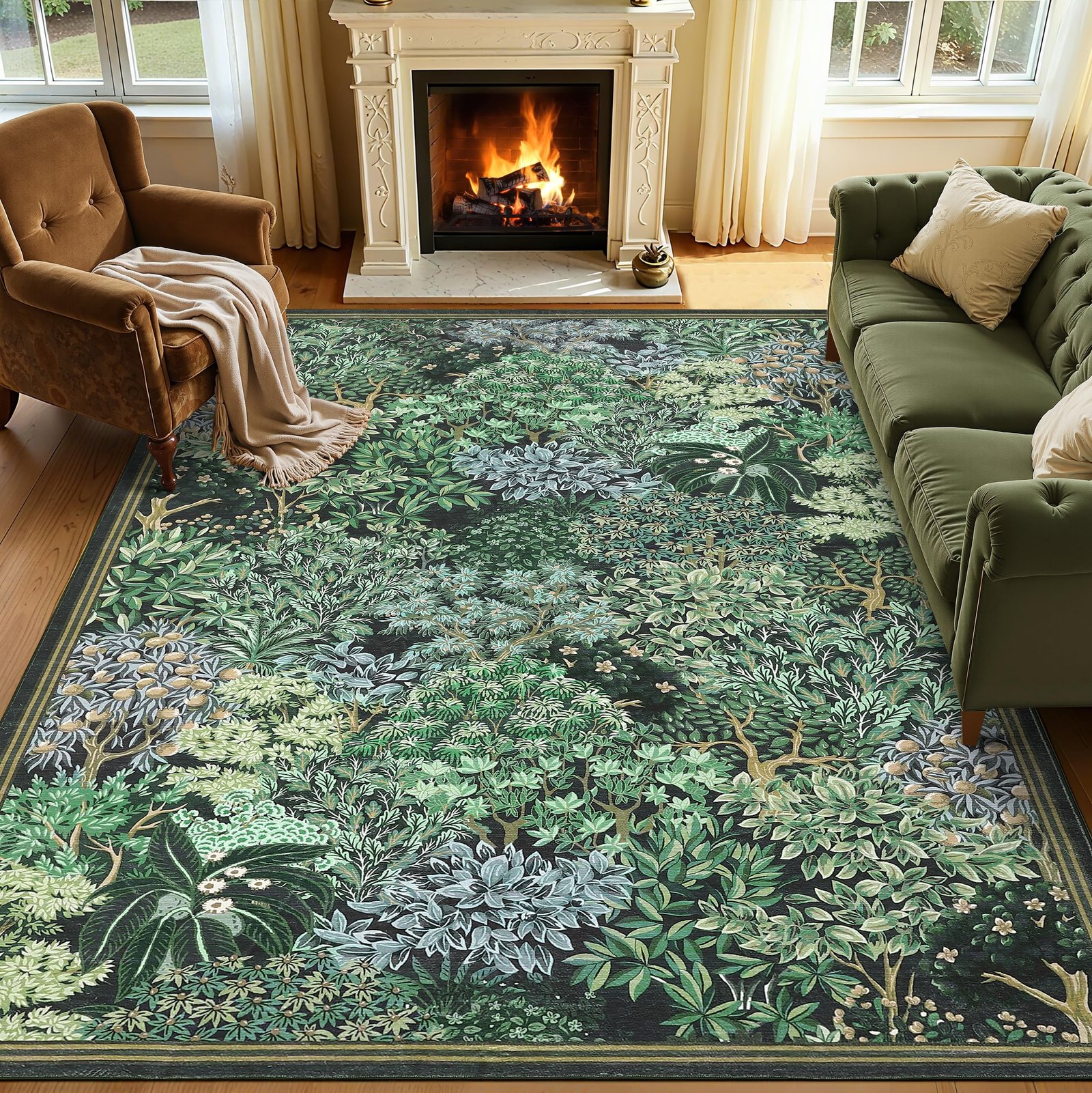 LocalStock Forest Rugs 5x7, Dark Green Washable Area Rugs for Living Room 5x7, Botanical Low Pile Non Slip Stain Resistance Woodland Rug for Farmhouse, Bedroom, Dining Room - Image 2