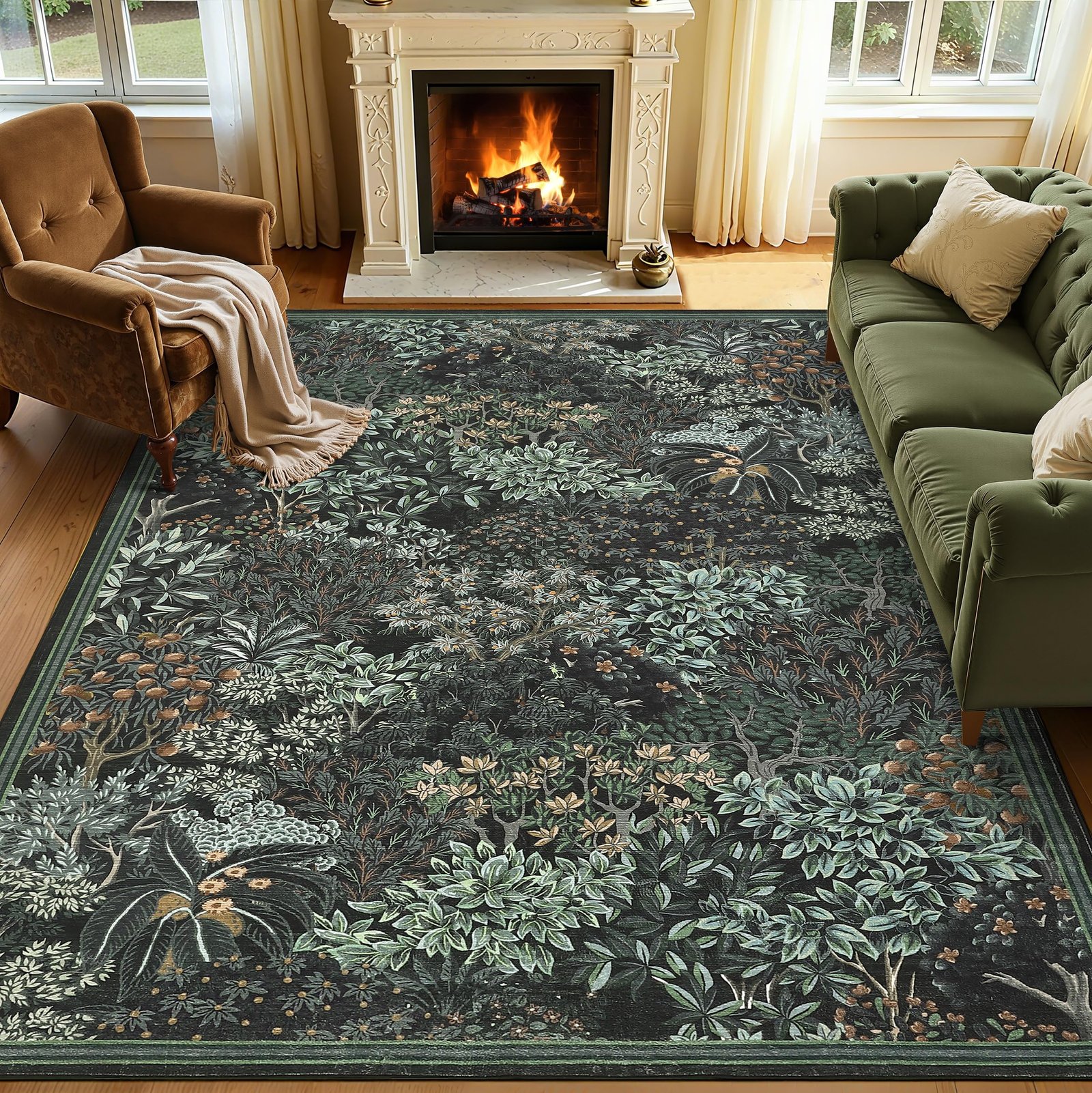 LocalStock Forest Rugs 5x7, Dark Green Washable Area Rugs for Living Room 5x7, Botanical Low Pile Non Slip Stain Resistance Woodland Rug for Farmhouse, Bedroom, Dining Room - Image 11